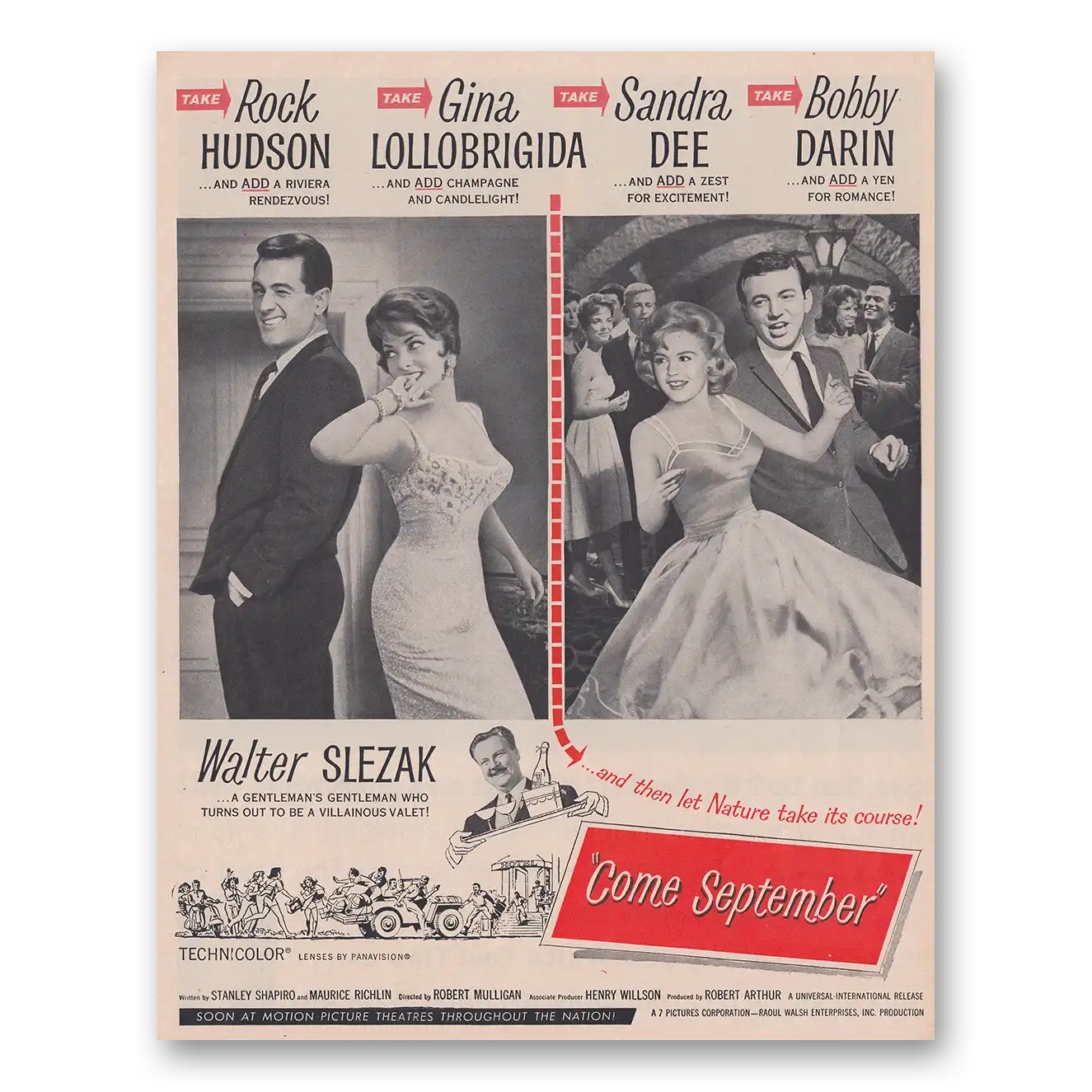 1961 Come September Movie Promo Rock Hudson and Gina Lollobrigida Vintage Magazine Print Ad