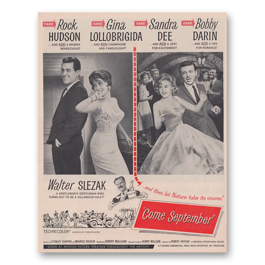 1961 Come September Movie Promo Rock Hudson and Gina Lollobrigida Vintage Magazine Print Ad