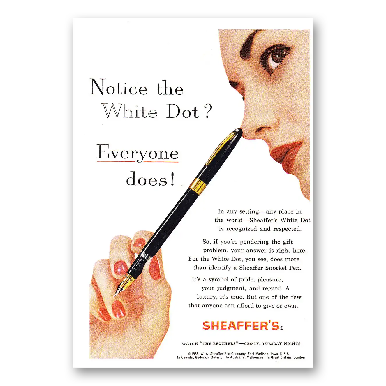 1961 Sheaffers Snorkel Pen Notice the White Dot Vintage Magazine Print Ad