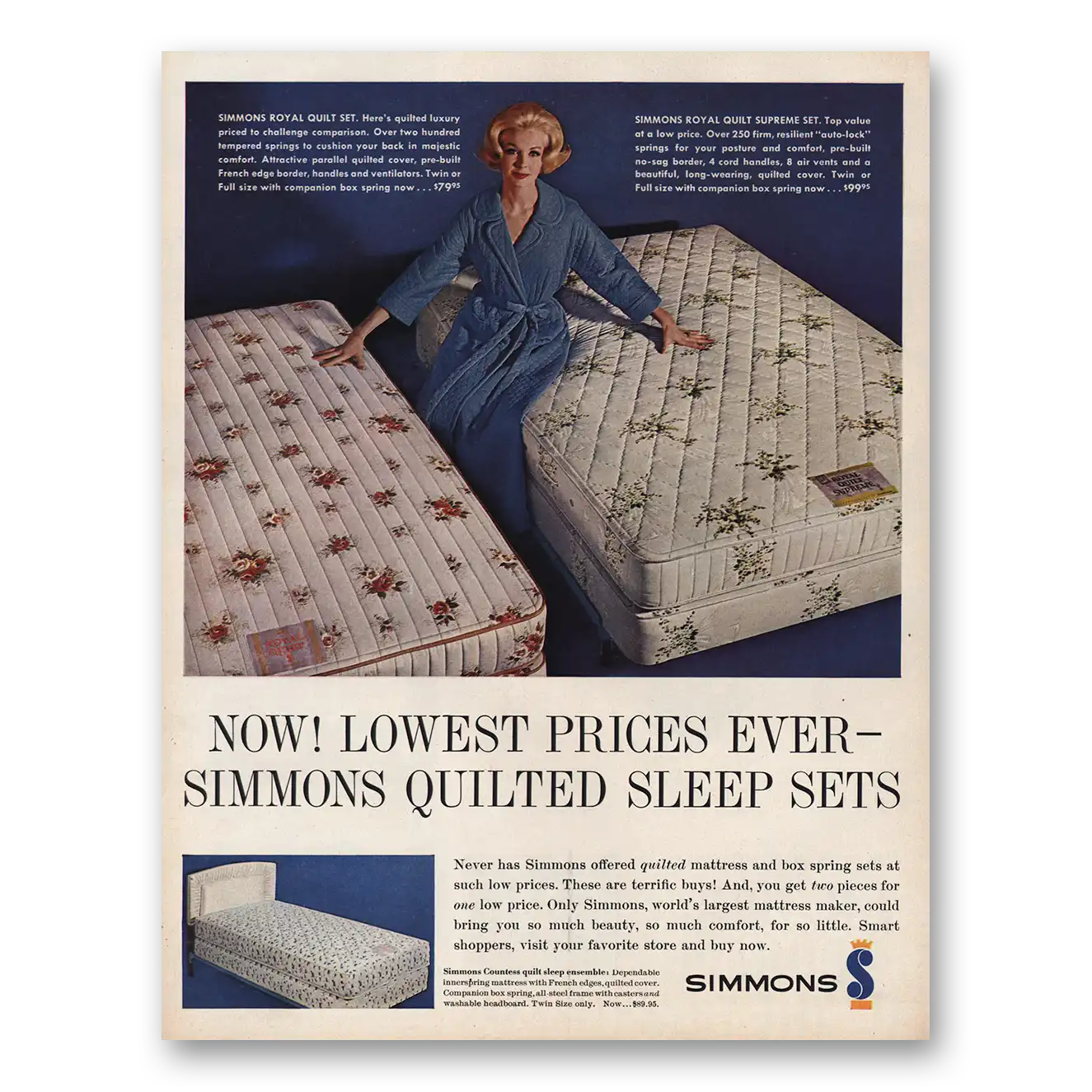 1961 Simmons Bed Mattresses Quilted Sleep Sets Vintage Magazine Print Ad