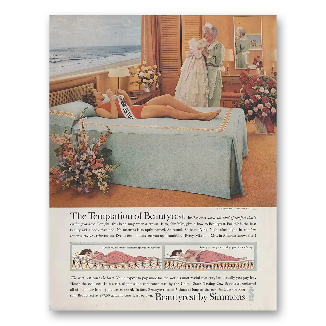 1961 Simmons Beautyrest Temptation Beauty Pageant Vintage Magazine Print Ad