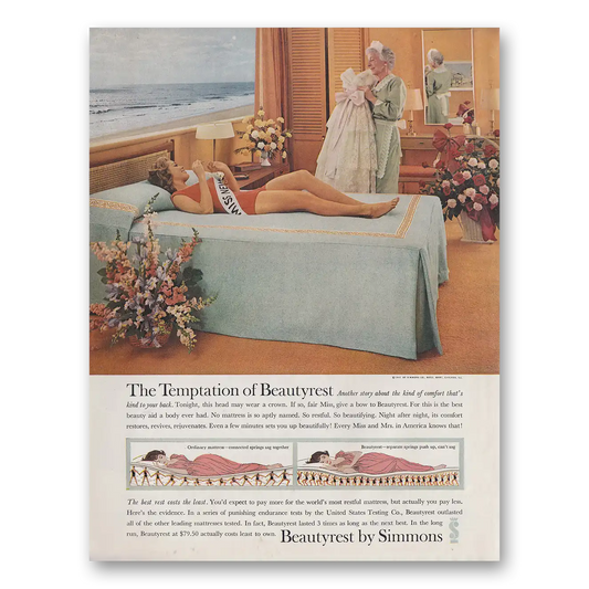 1961 Simmons Beautyrest Temptation Beauty Pageant Vintage Magazine Print Ad