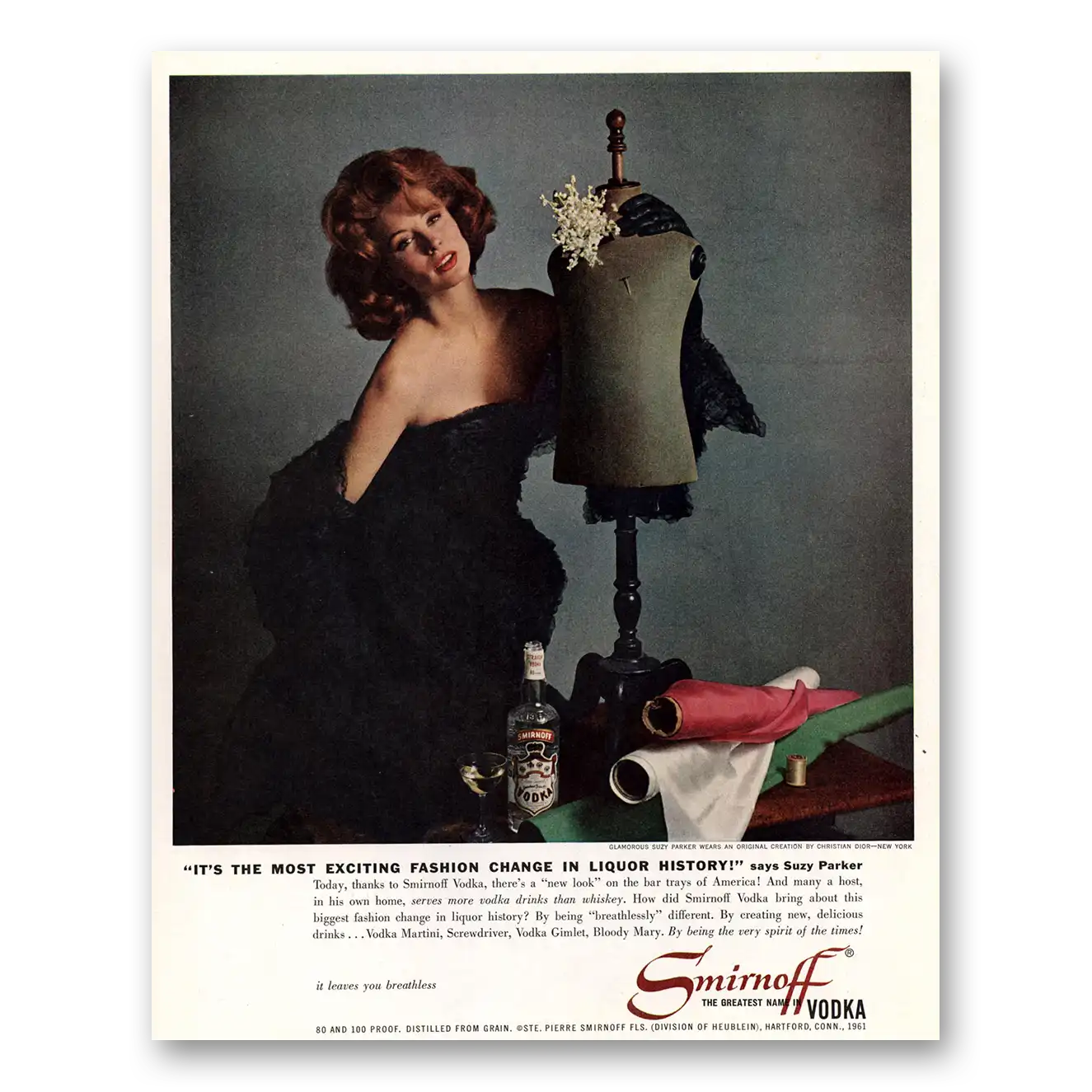 1961 Smirnoff Vodka Glamorous Suzy Park Christian Dior Vintage Magazine Print Ad