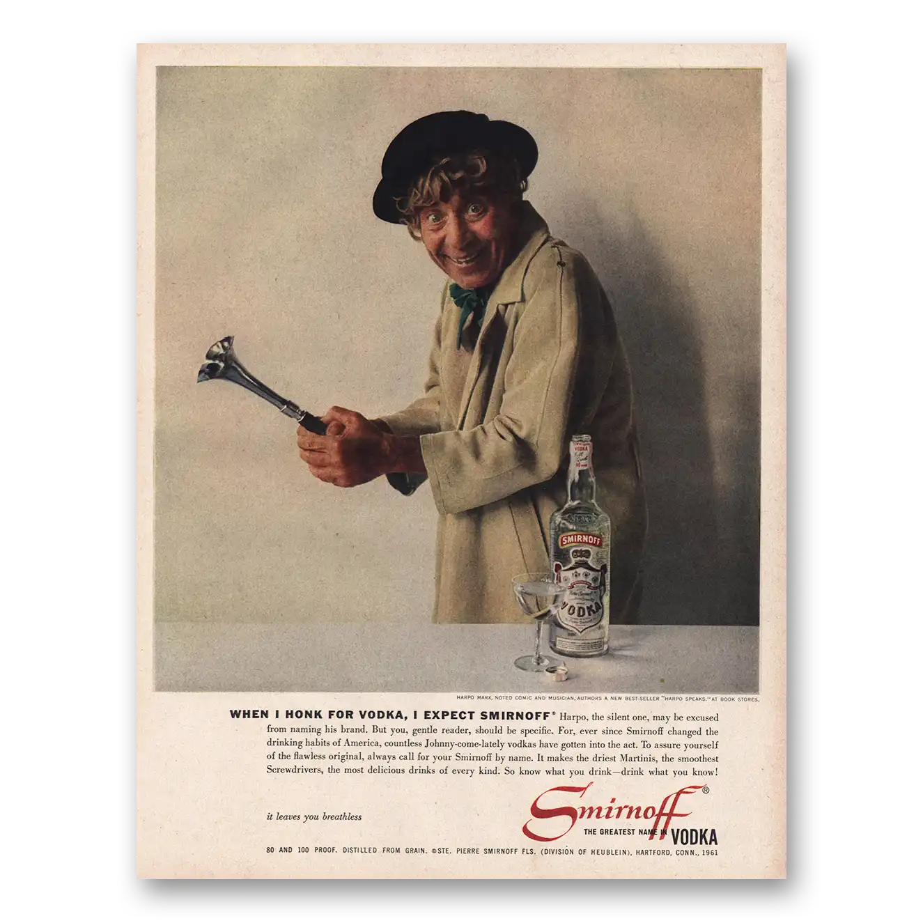 1961 Smirnoff Vodka Harpo Marx When I Honk for Vodka Vintage Magazine Print Ad