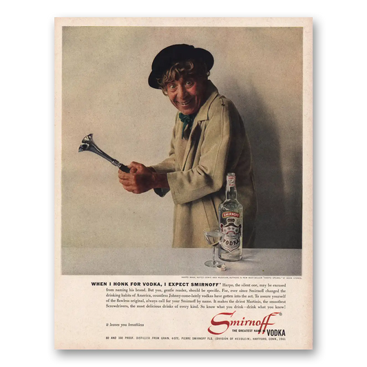 1961 Smirnoff Vodka Harpo Marx When I Honk for Vodka Vintage Magazine Print Ad