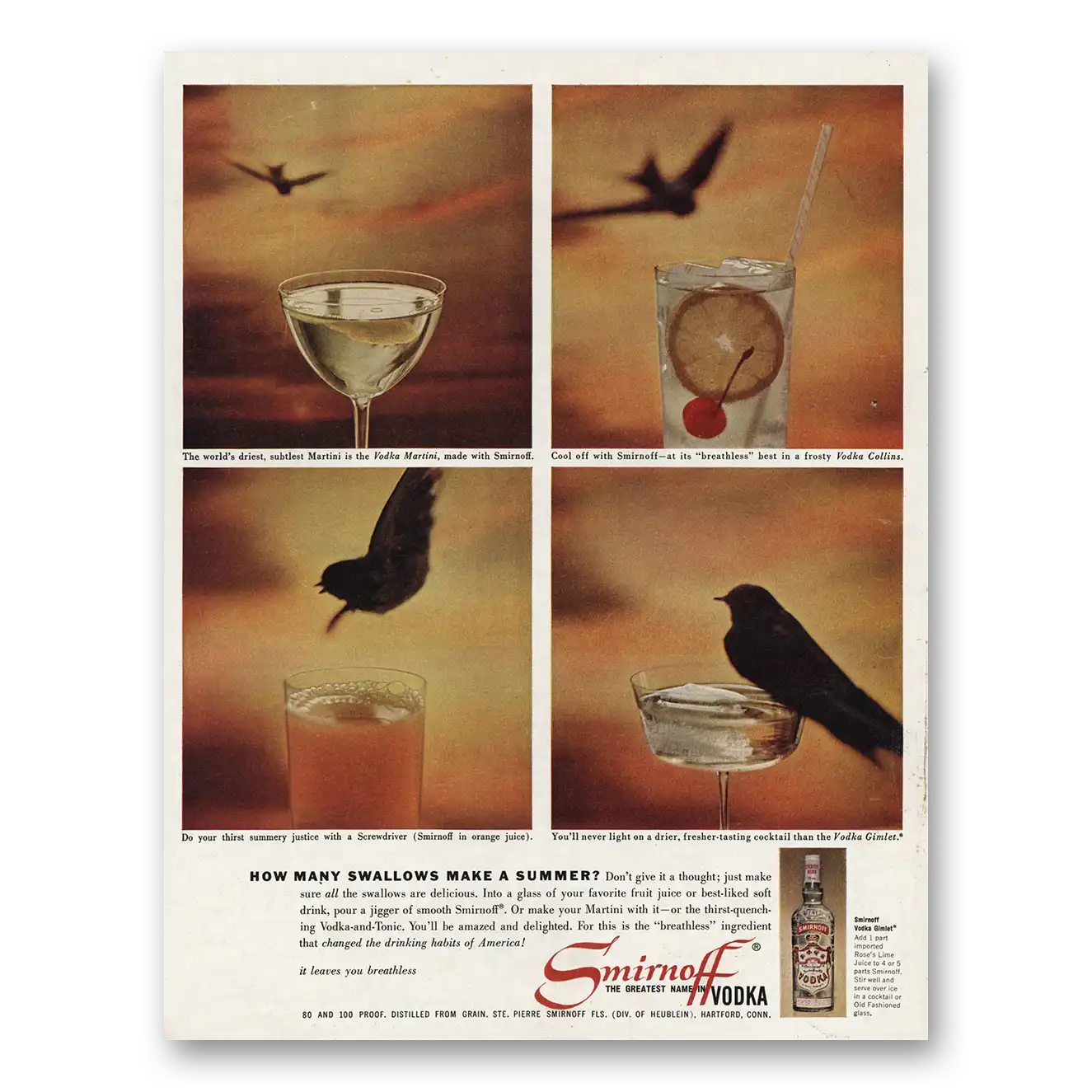 1961 Smirnoff Vodka How Many Swallows Make Summer Vintage Magazine Print Ad