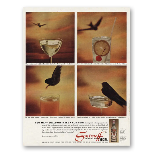 1961 Smirnoff Vodka How Many Swallows Make Summer Vintage Magazine Print Ad