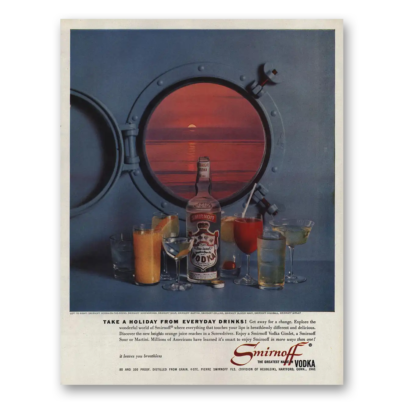 1961 Smirnoff Vodka Take a Holiday From Everyday Drinks Vintage Magazine Print Ad