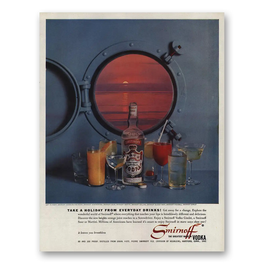 1961 Smirnoff Vodka Take a Holiday From Everyday Drinks Vintage Magazine Print Ad