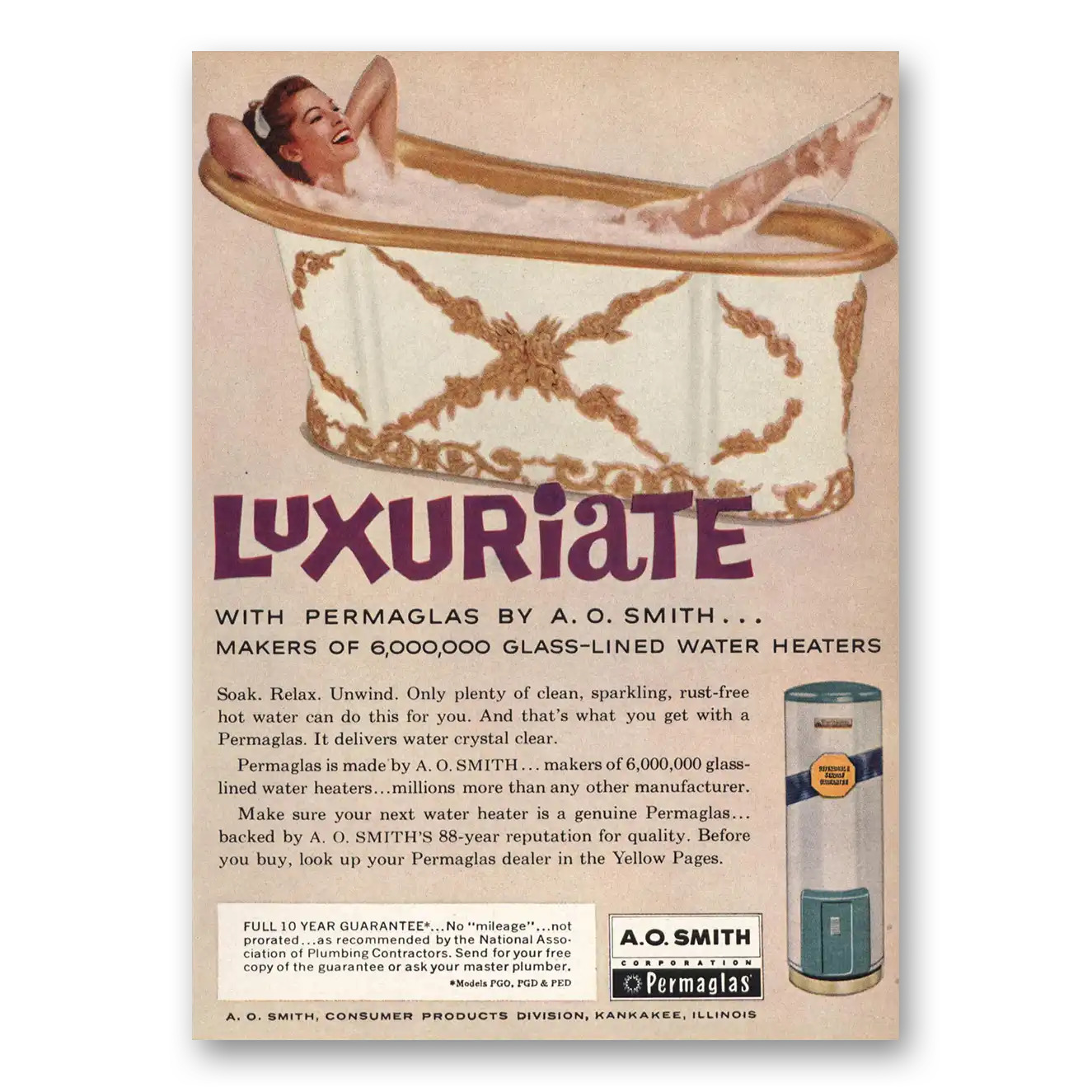 1961 Permaglas Water Heater Luxuriate With Permaglas Vintage Magazine Print Ad