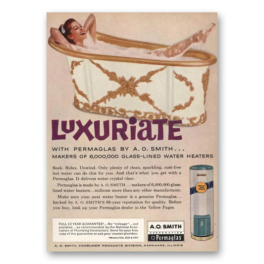 1961 Permaglas Water Heater Luxuriate With Permaglas Vintage Magazine Print Ad