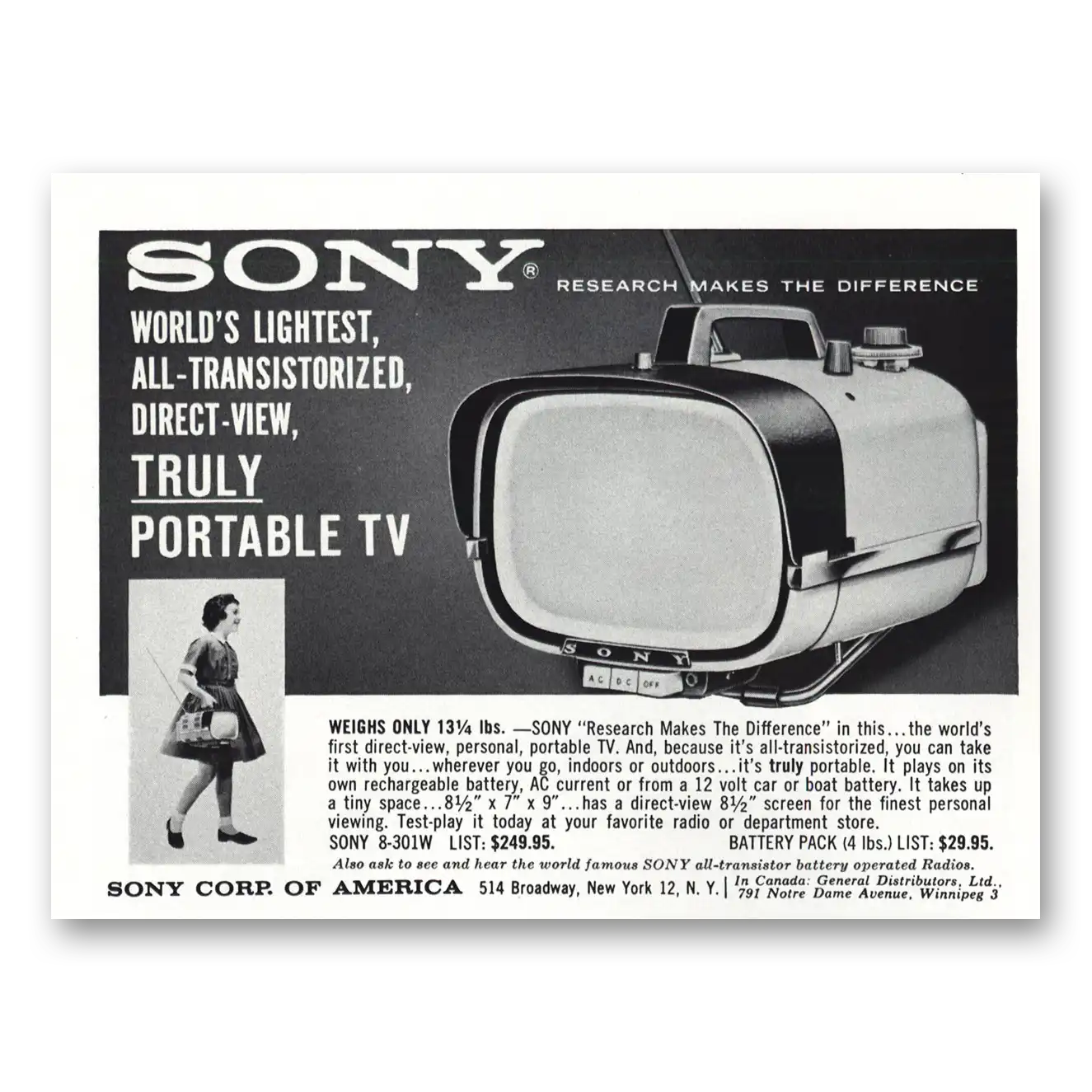 1961 Sony Portable TV Worlds Lightest All Transistorized Vintage Magazine Print Ad