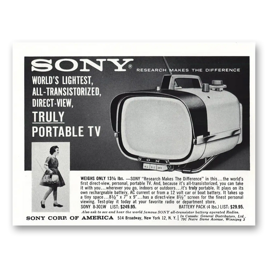 1961 Sony Portable TV Worlds Lightest All Transistorized Vintage Magazine Print Ad