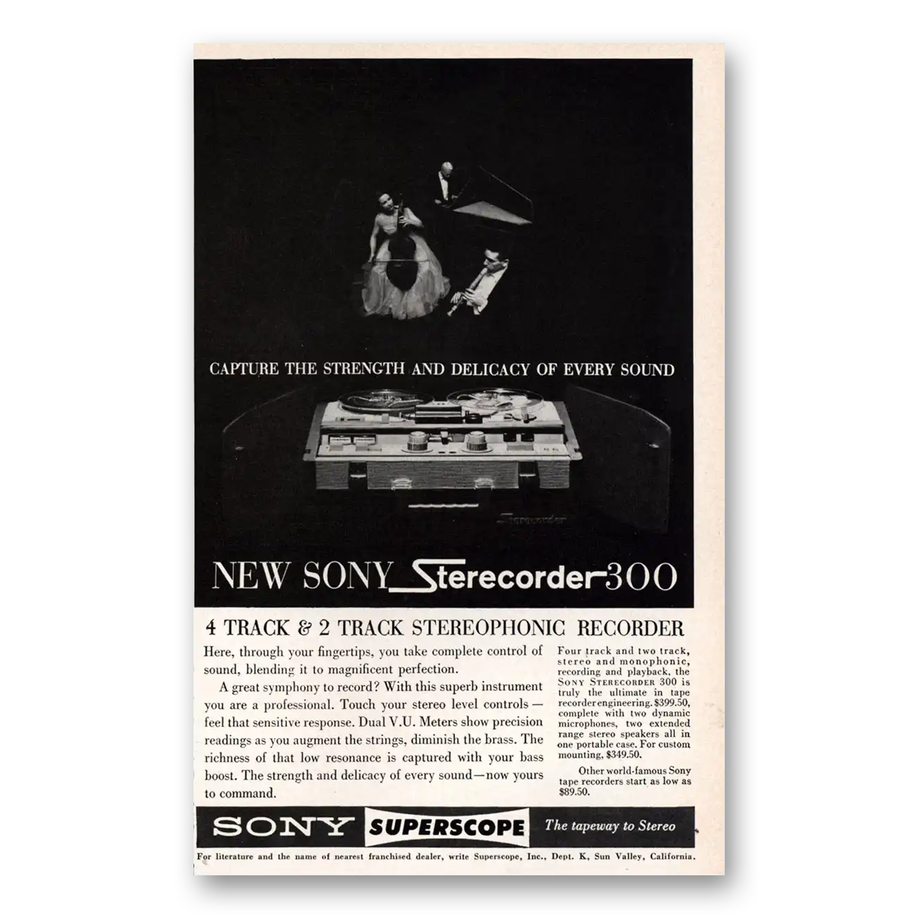 1961 Sony Sterecorder Strength and Delicacy of Every Sound Vintage Magazine Print Ad