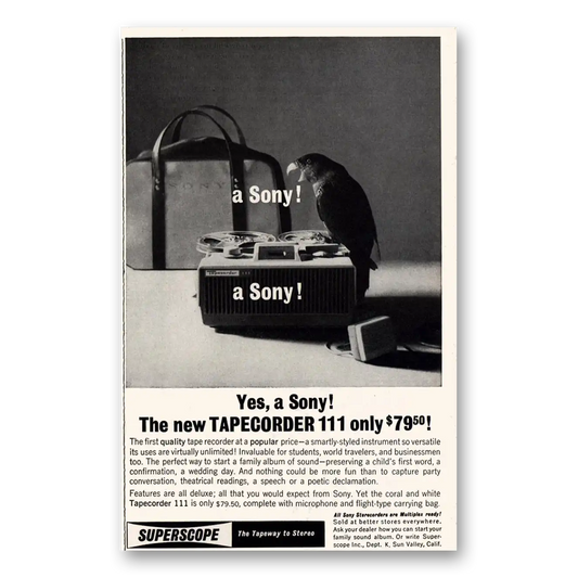 1961 Sony Superscope Tapecorder Parrot It’s a Sony Vintage Magazine Print Ad