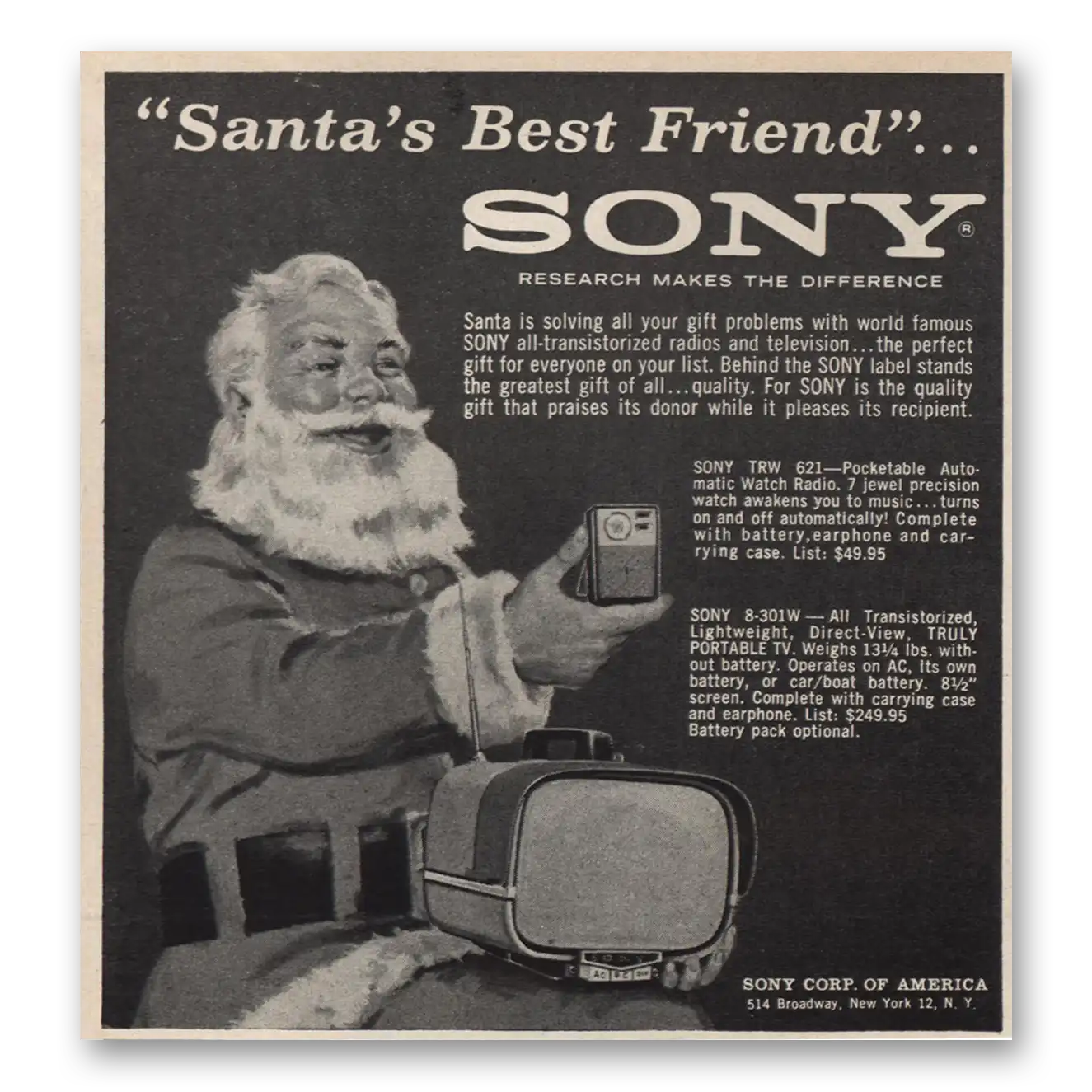 1961 Sony Portable TV Santas Best Friend Vintage Magazine Print Ad