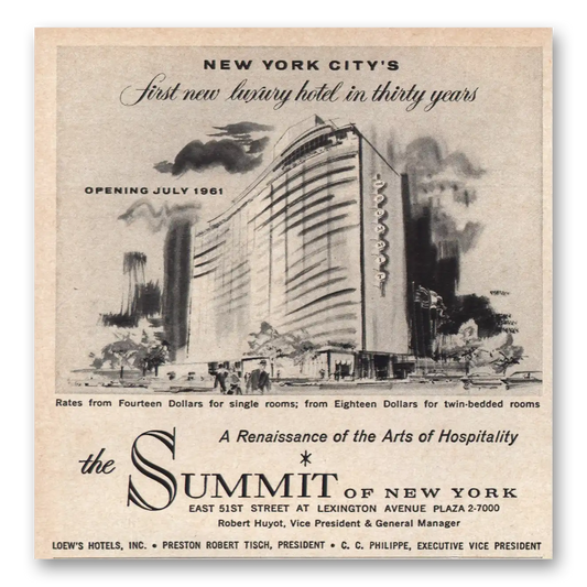 1961 Summit New York First New Luxury Hotel Thirty Years Vintage Magazine Print Ad