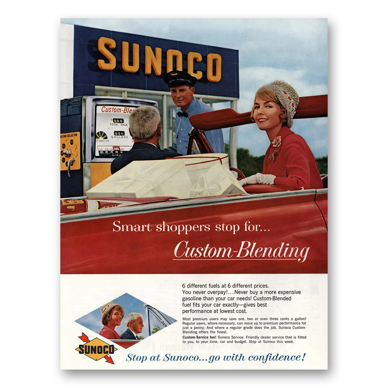 1961 Sunoco Gasoline Smart Shoppers Stop for Custom Blending Vintage Magazine Print Ad