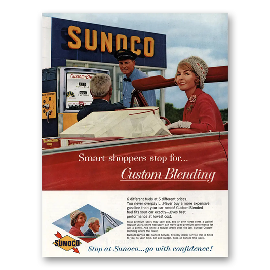 1961 Sunoco Gasoline Smart Shoppers Stop for Custom Blending Vintage Magazine Print Ad