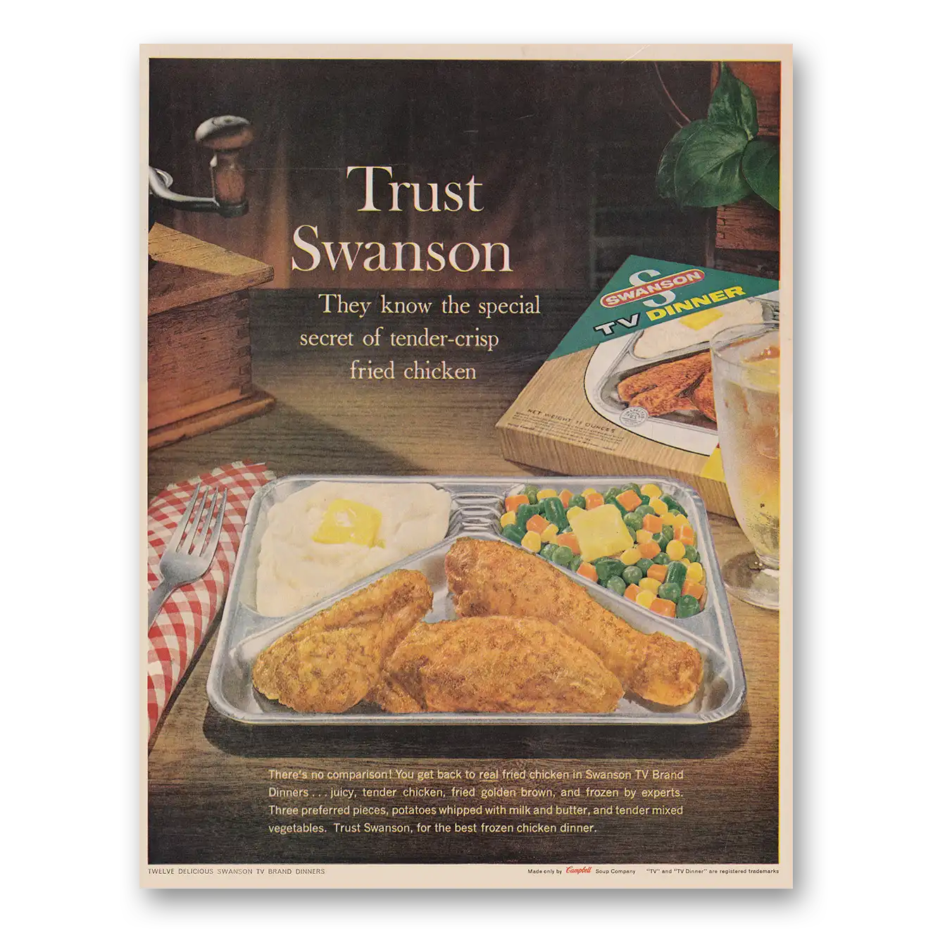 1961 Swanson TV Dinner Tender Crisp Fried Chicken Vintage Magazine Print Ad