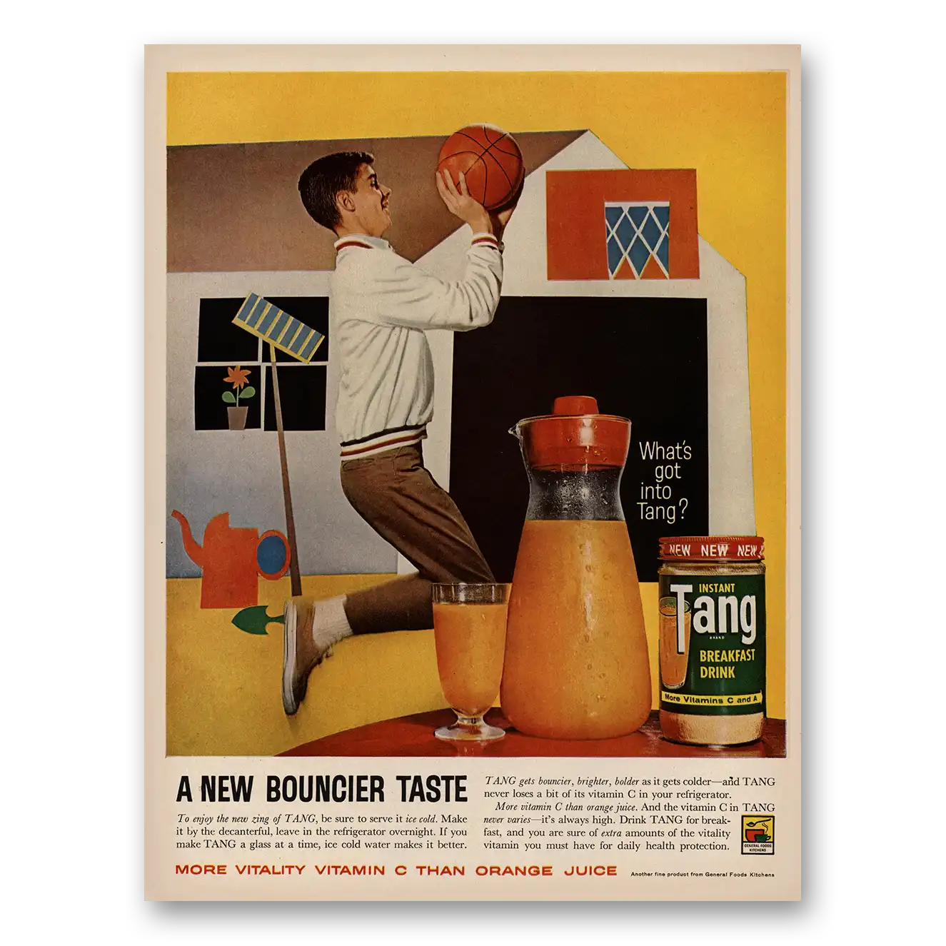 1961 Tang Breakfast Drink New Bouncier Taste Basketball Vintage Magazine Print Ad