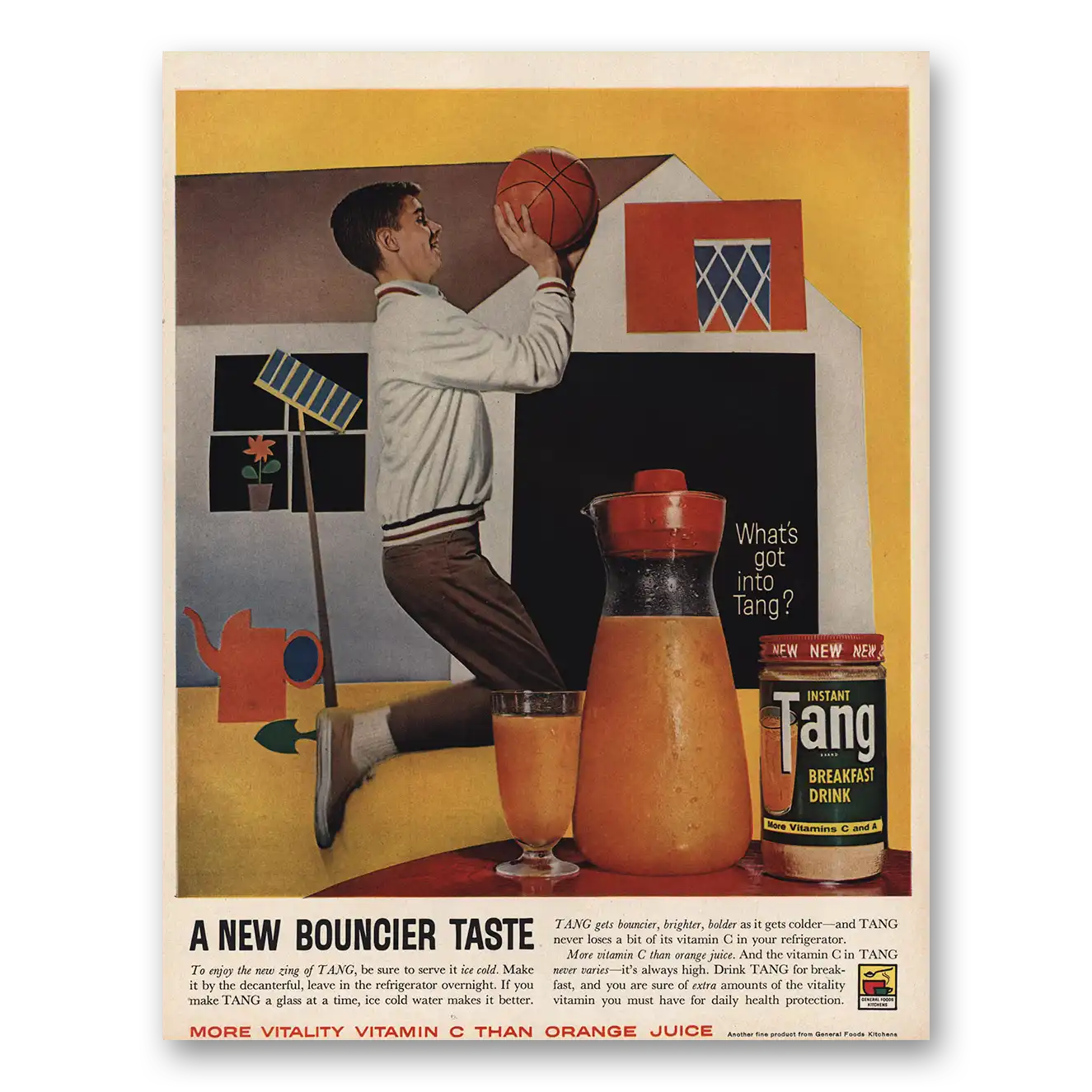 1961 Tang Breakfast Drink Basketball Bouncier Taste Vintage Magazine Print Ad