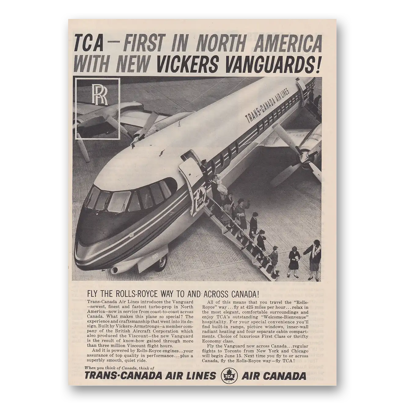 1961 TCA Air Canada First In North America With New Vickers Vanguards Vintage Magazine Print Ad