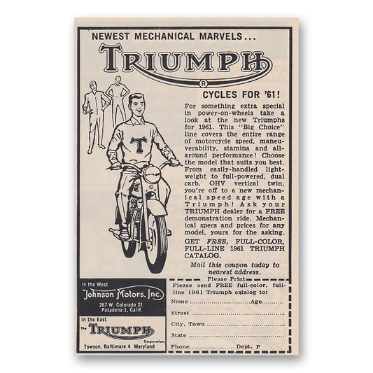 1961 Triumph Motorcycle Triumph Cycle Newest Mechanical Marvels Vintage Magazine Print Ad