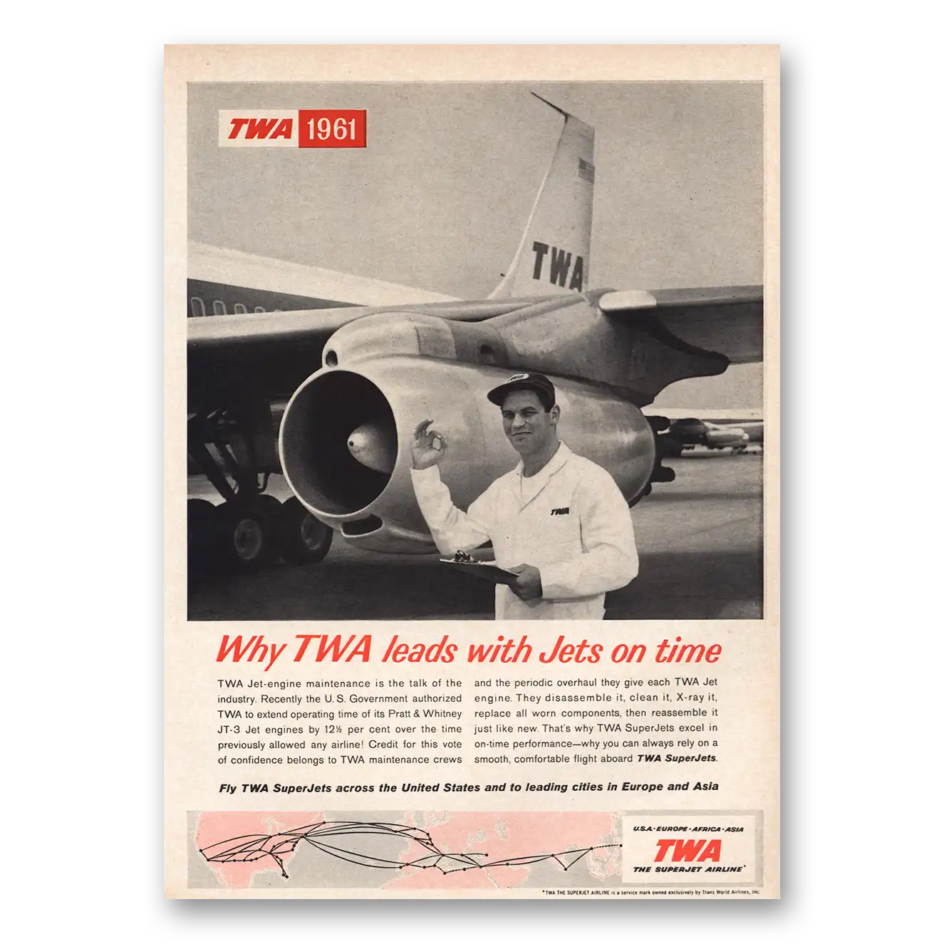 1961 TWA Airlines Leads With Jets On Time Vintage Magazine Print Ad