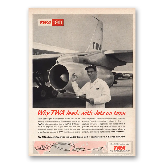 1961 TWA Airlines Leads With Jets On Time Vintage Magazine Print Ad