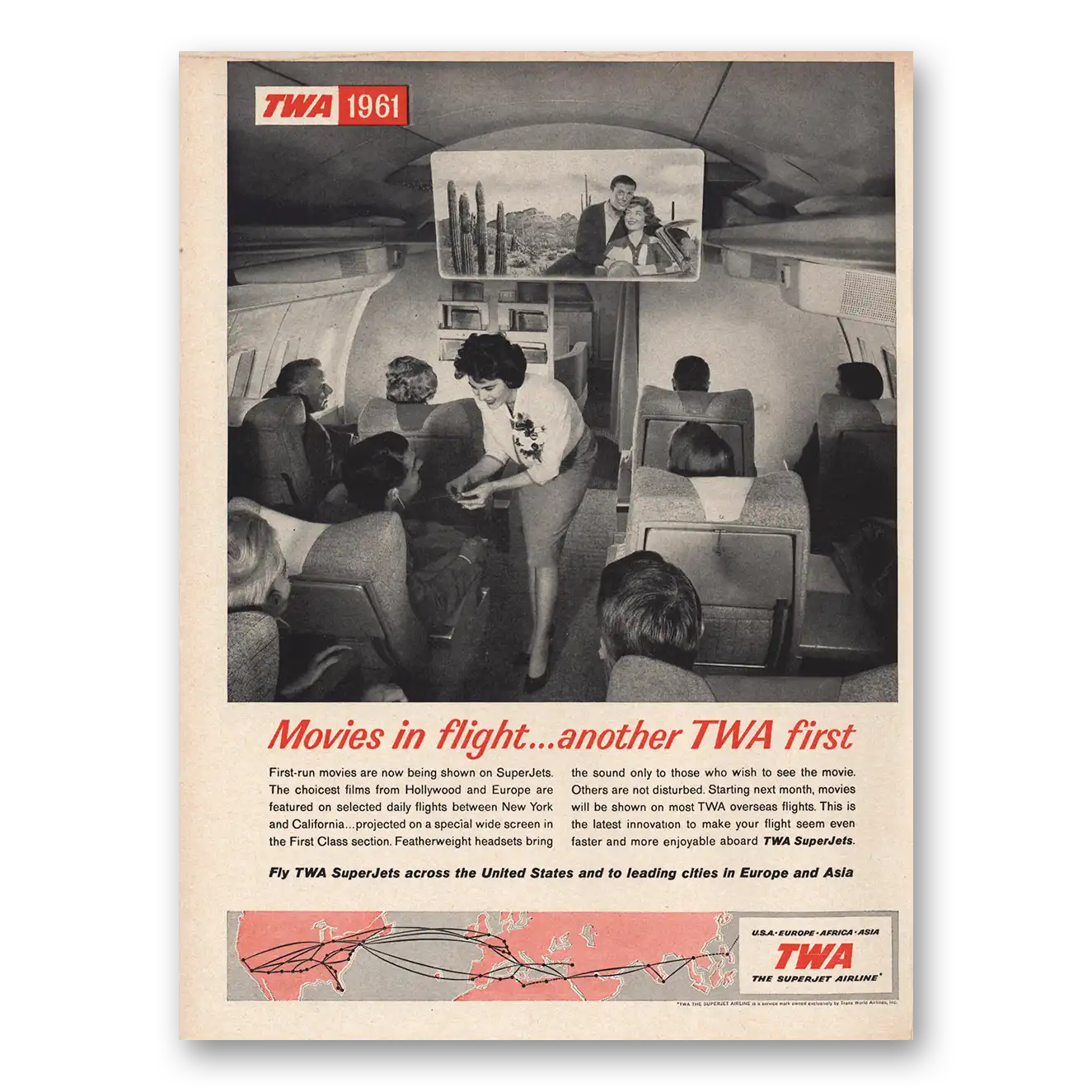 1961 TWA Airlines Movies In Flight Another TWA First Vintage Magazine Print Ad