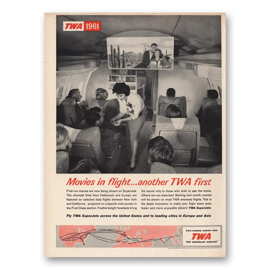 1961 TWA Airlines Movies In Flight Another TWA First Vintage Magazine Print Ad