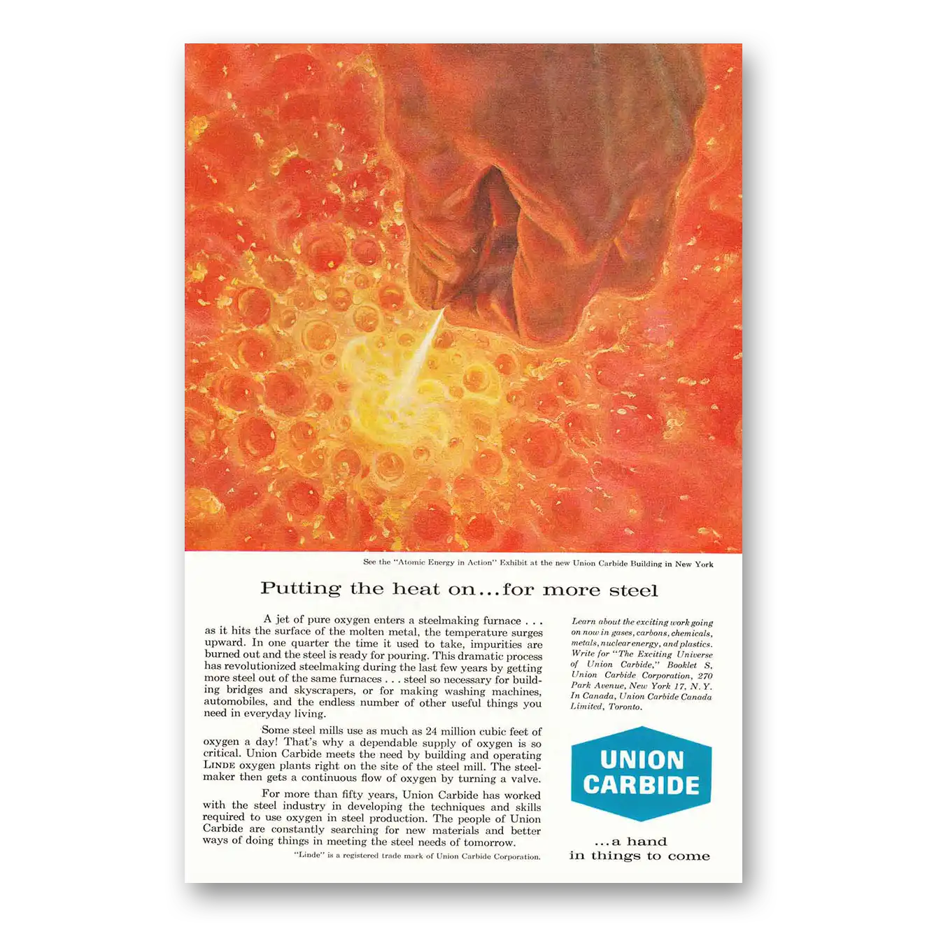 1961 Union Carbide Putting the Heat on For More Steel Vintage Magazine Print Ad