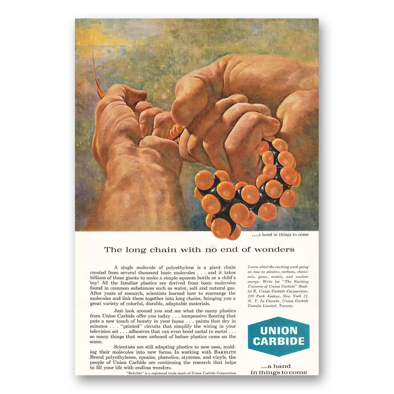 1961 Union Carbide Long Chain No End of Wonders Vintage Magazine Print Ad