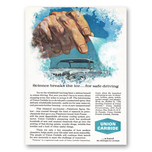 1961 Union Carbide Silence Breaks the Ice Vintage Magazine Print Ad