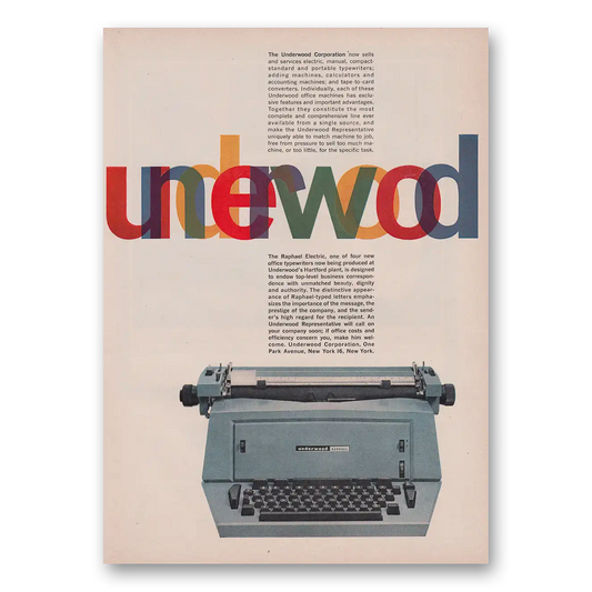 1961 Underwood Raphael Typewriter Now Sells and Services Vintage Magazine Print Ad