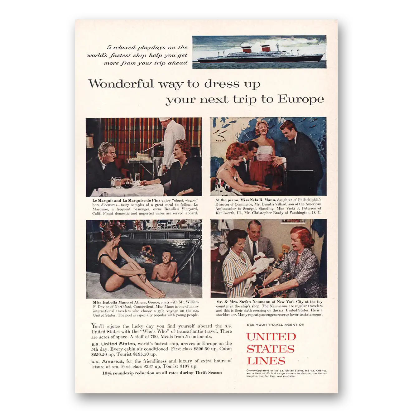 1961 United States Lines Wonderful Way Dress Up Vintage Magazine Print Ad