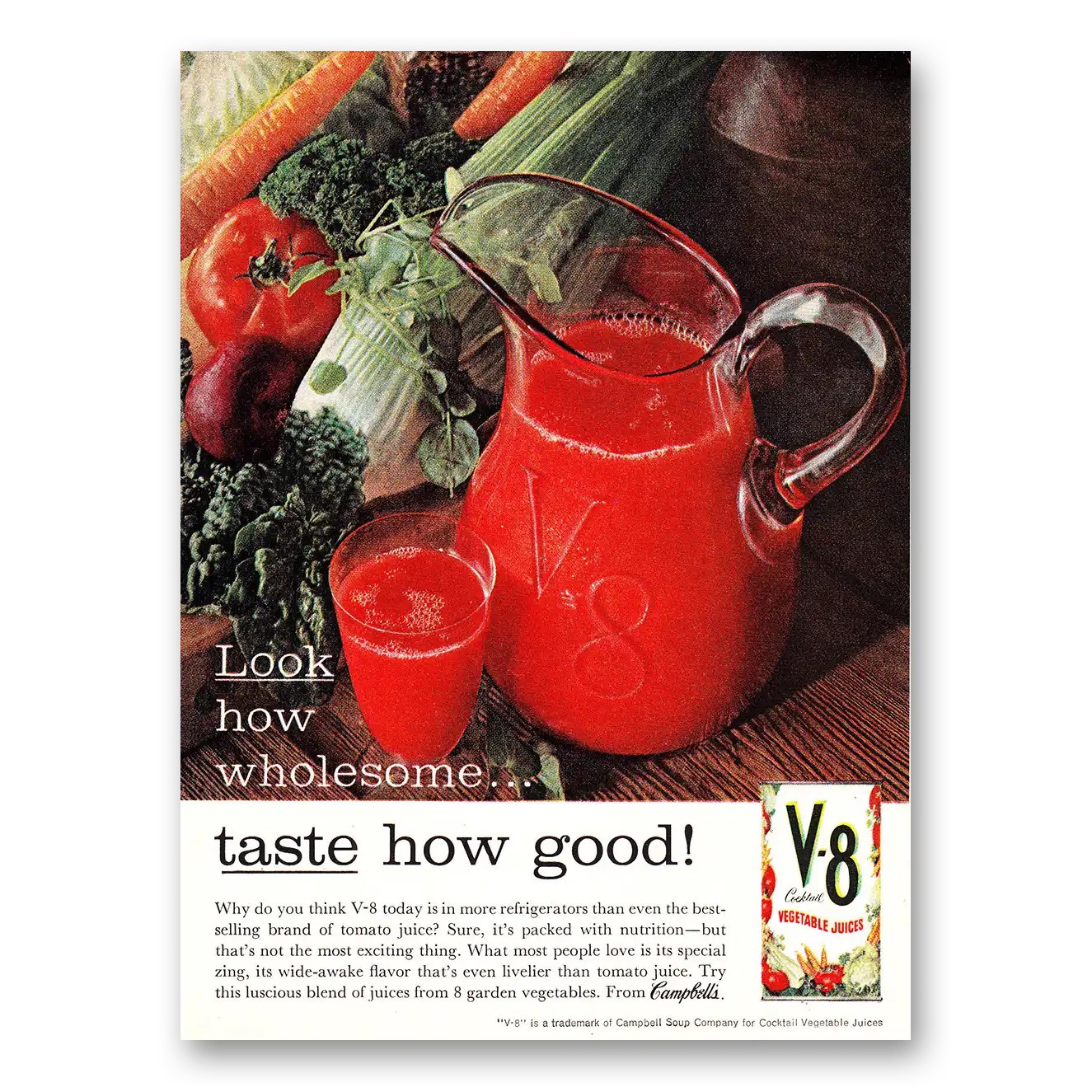 1961 V8 Vegetable Juice Look How Wholesome Taste How Good Vintage Magazine Print Ad