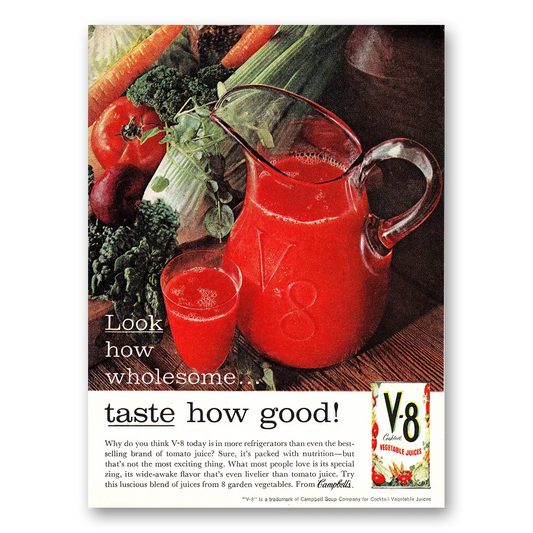 1961 V8 Vegetable Juice Look How Wholesome Taste How Good Vintage Magazine Print Ad