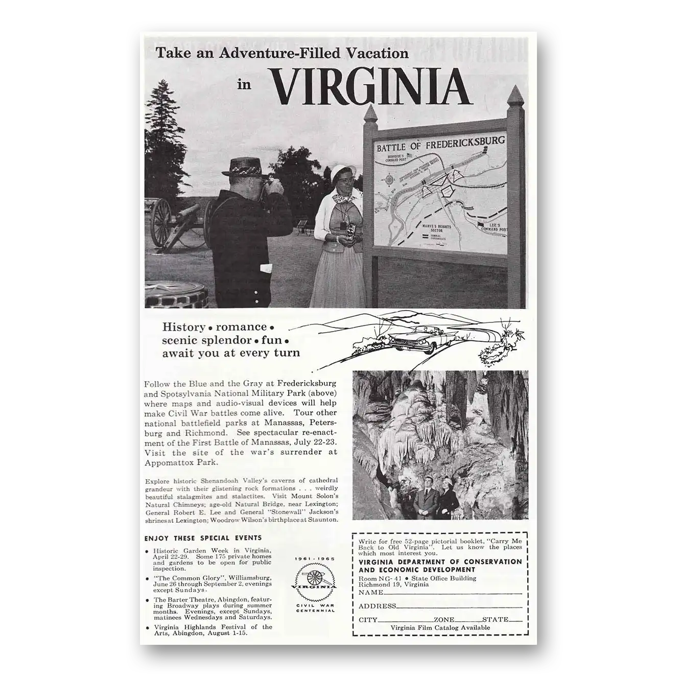 1961 Virginia Take An Adventure Filled Vacation Vintage Magazine Print Ad