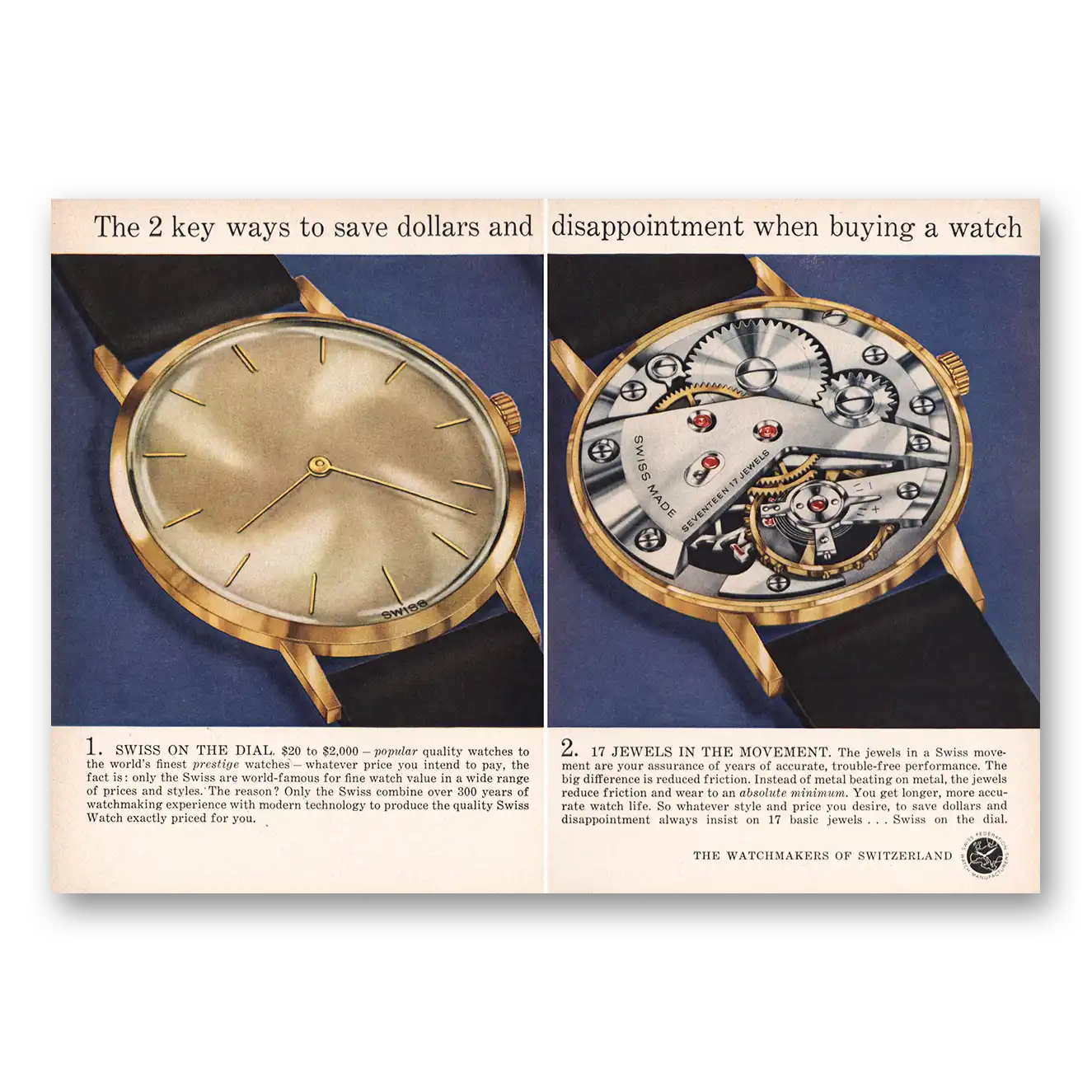 1961 Watchmakers of Switzerland Save Dollars Disappointment Vintage Magazine Print Ad