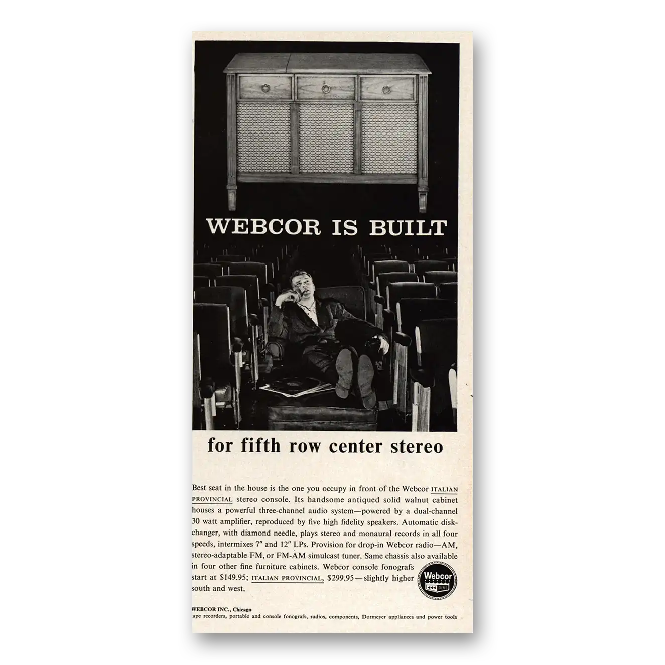 1961 Webcor Stereo Built for Fifth Row Center Stereo Vintage Magazine Print Ad