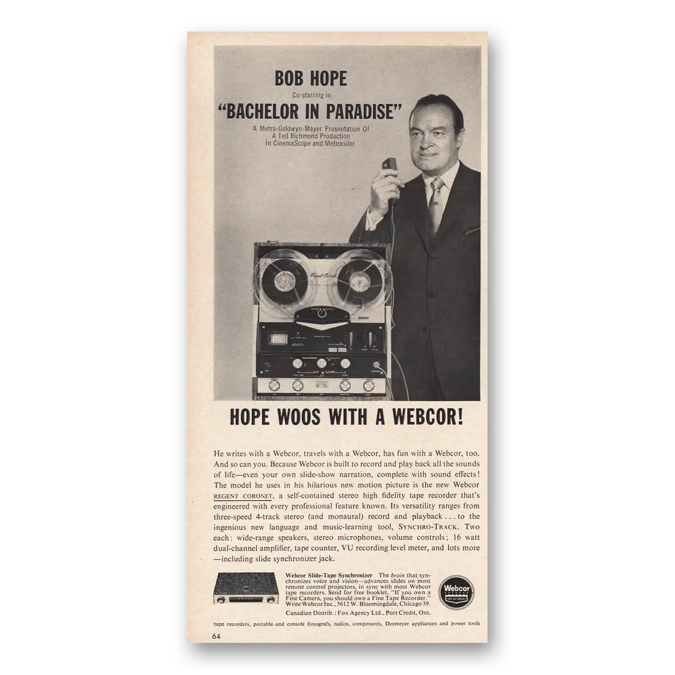 1961 Webcor Stereo Bob Hope Bachelor In Paradise Vintage Magazine Print Ad