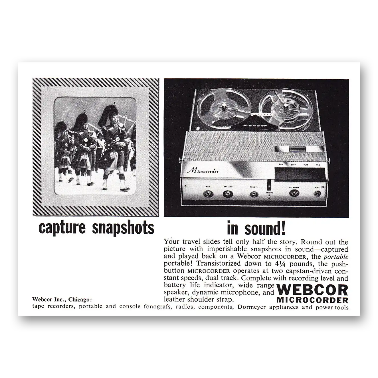 1961 Webcor Stereo Microcorder Capture Snapshots in Sound Vintage Magazine Print Ad