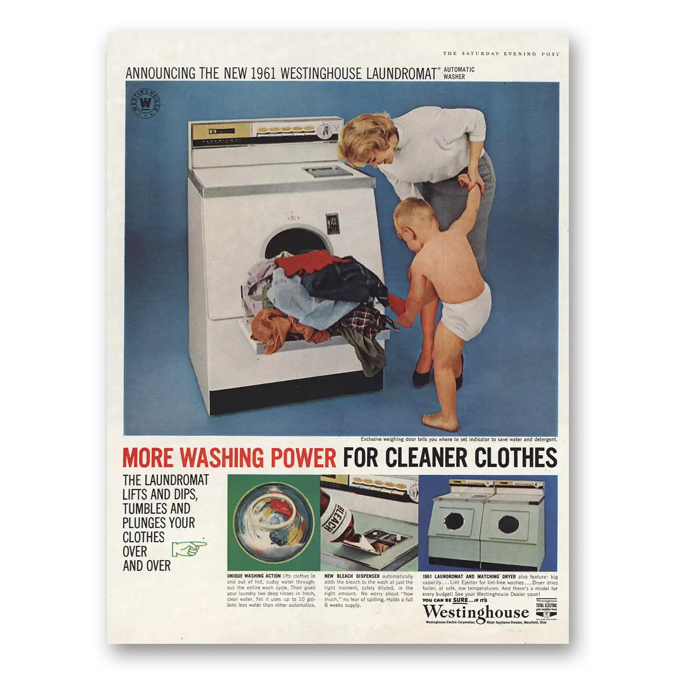 1961 Westinghouse Washer Washing Power for Cleaner Clothes Vintage Magazine Print Ad