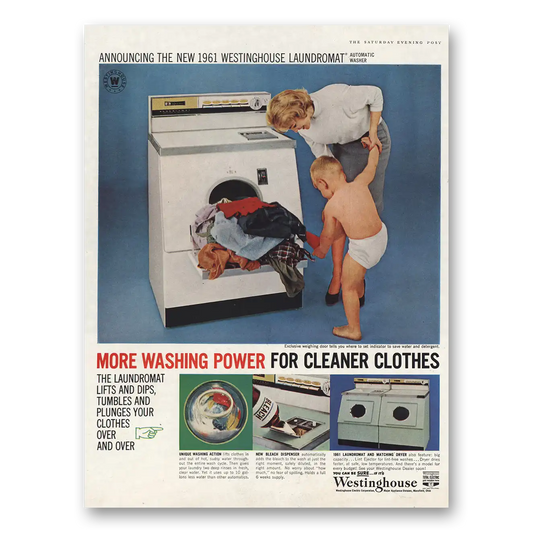 1961 Westinghouse Washer Washing Power for Cleaner Clothes Vintage Magazine Print Ad