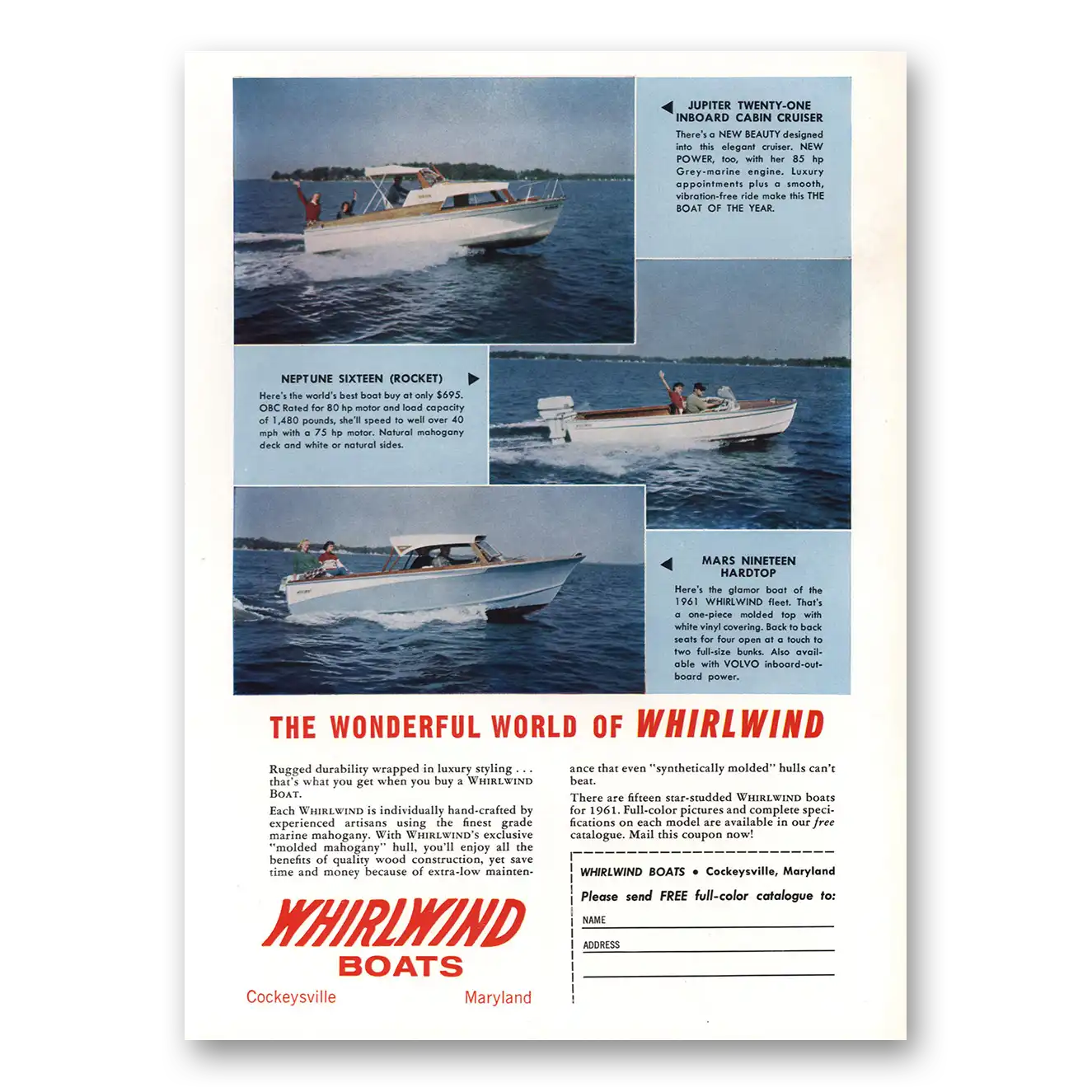 1961 Whirlwind Boats Wonderful World Vintage Magazine Print Ad