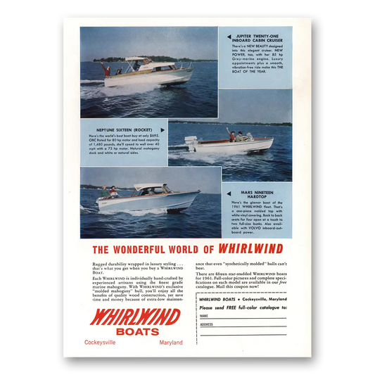 1961 Whirlwind Boats Wonderful World Vintage Magazine Print Ad