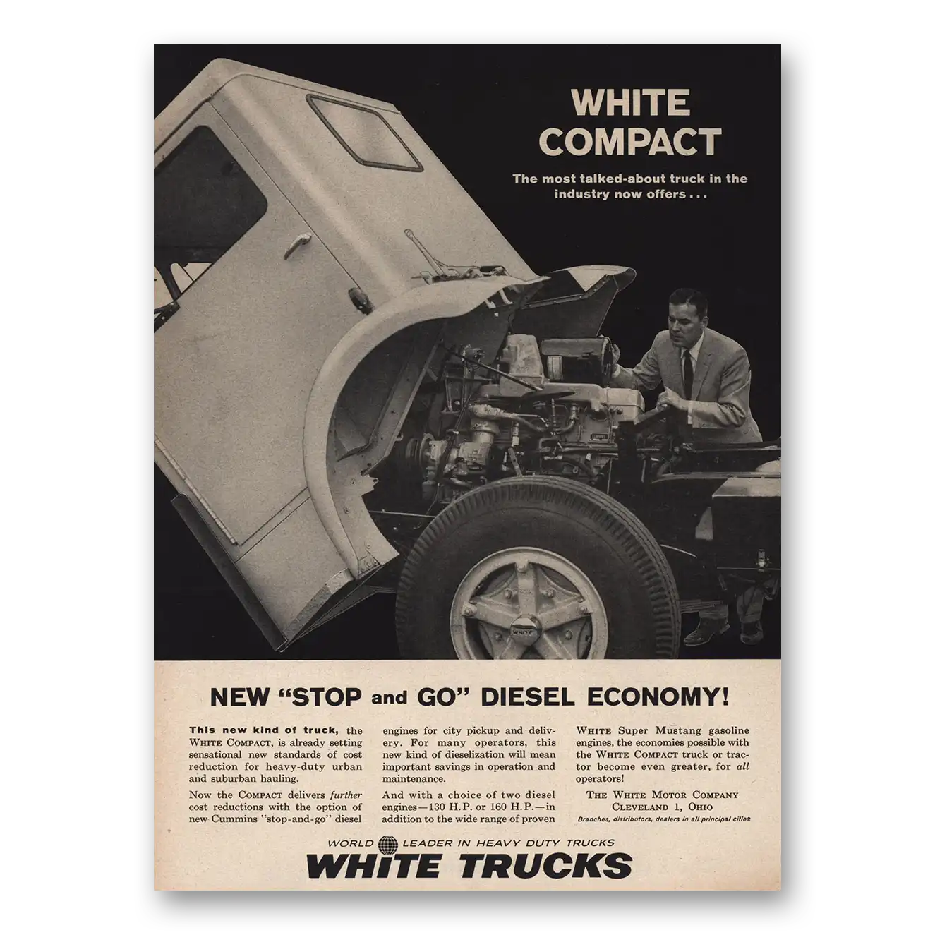 1961 White Trucks Stop and Go Diesel Economy Vintage Magazine Print Ad