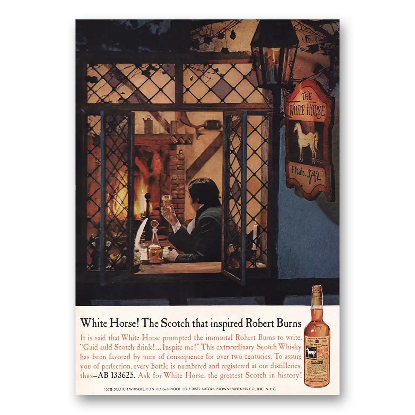 1961 White Horse Scotch Whisky Inspired Robert Burns Vintage Magazine Print Ad